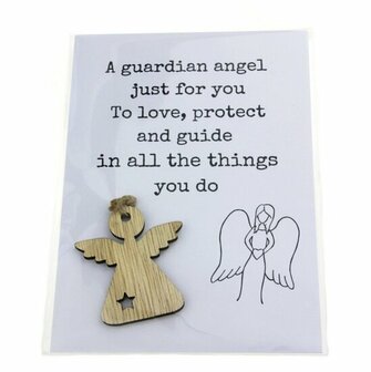 Gelukszakje kaart wit of kraft a guardian angel just for you houten engeltje label