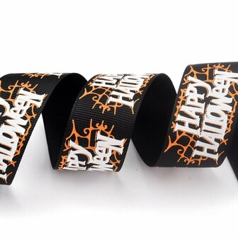 Grosgrain lint zwart happy halloween 25 mm breed