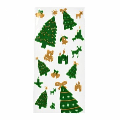 Cellofaan zakjes groen goud kerstboom zonder plakstrip 12.5 x 27 cm 10 stuks