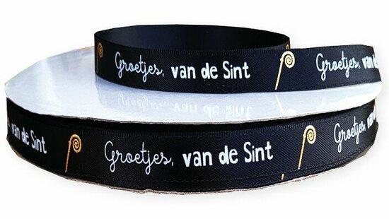 Satijn lint zwart met witte tekst groetjes van de  Sint goud metalic staf 12 mm breed 5 meter