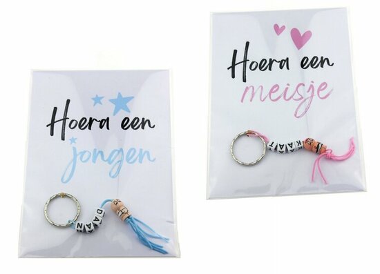 Geboortebedankje gelukspoppetjes baby sleutelhanger met naam hoera een jongen of meisje