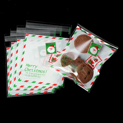 10 cellofaan zakjes met plakstrip kerstman wit rood groen