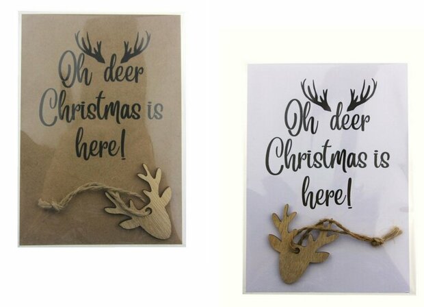 Kaart oh deer christmas is here met houten hanger