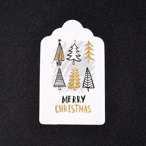 Kerst label wit 3 x 5 cm schulpjes kerstboom merry christmas 10 stuks